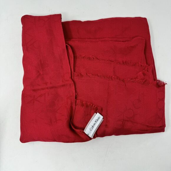Calvin Klein Red Viscose Soft Scarf Raw‎ Edge CK Logo - Picture 1 of 5